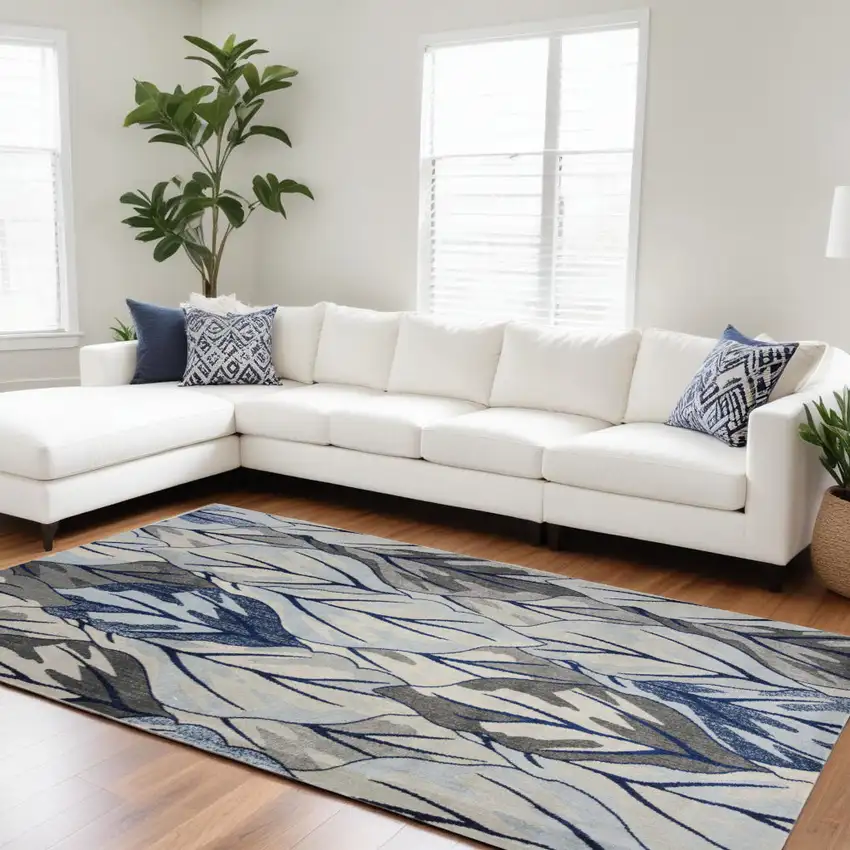 Grey Navy Machine Woven Oversized Leaves Indoor Area Rug Photo 2