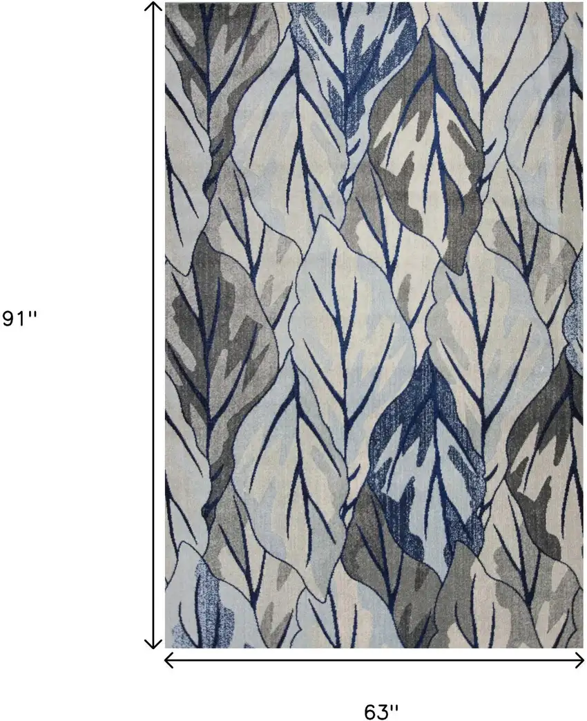 Gray And Navy Blue Botanical Leaves Area Rug Photo 3