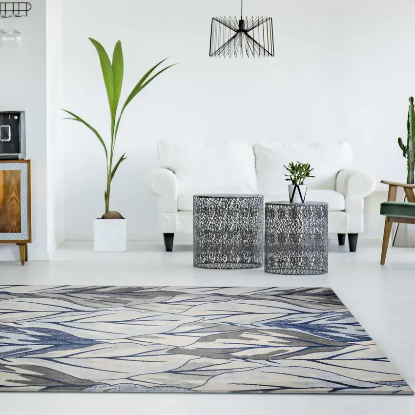 Gray And Navy Blue Botanical Leaves Area Rug Photo 6