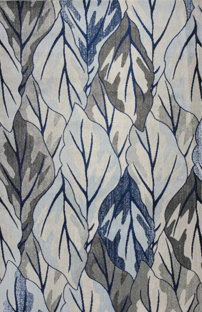Gray And Navy Blue Botanical Leaves Area Rug Photo 2