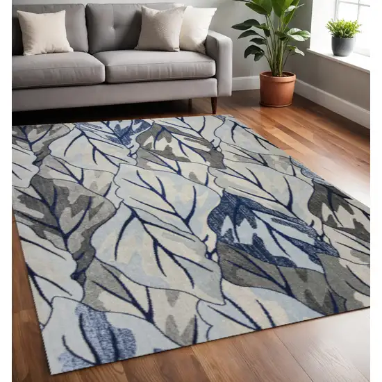 Gray And Navy Blue Botanical Leaves Area Rug Photo 1