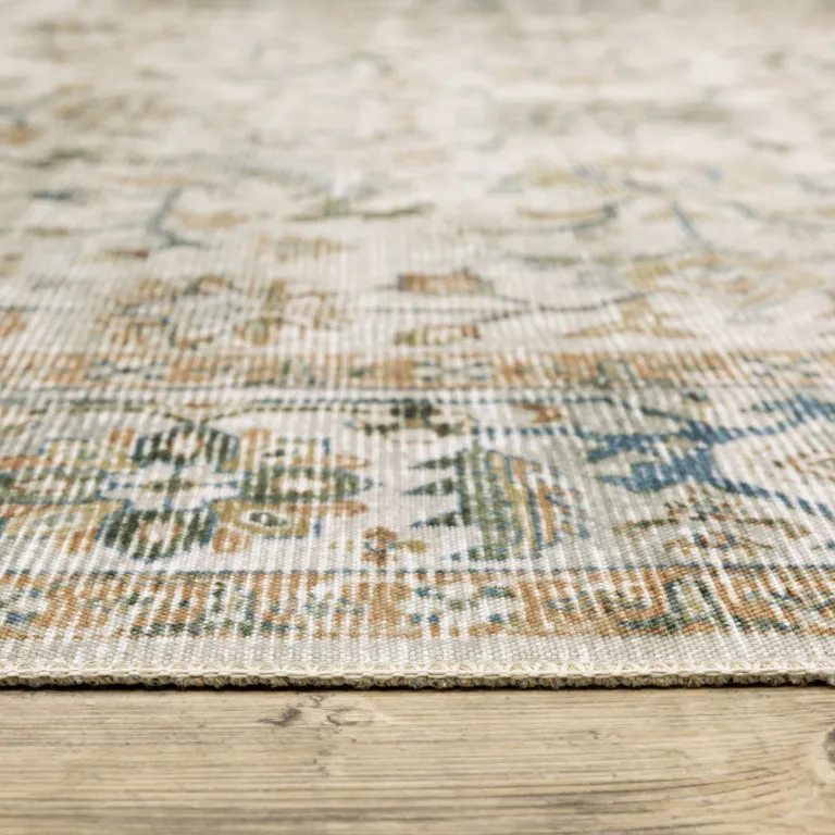 Grey Orange Blue Gold Green And Rust Oriental Printed Stain Resistant Non Skid Runner Rug Photo 4