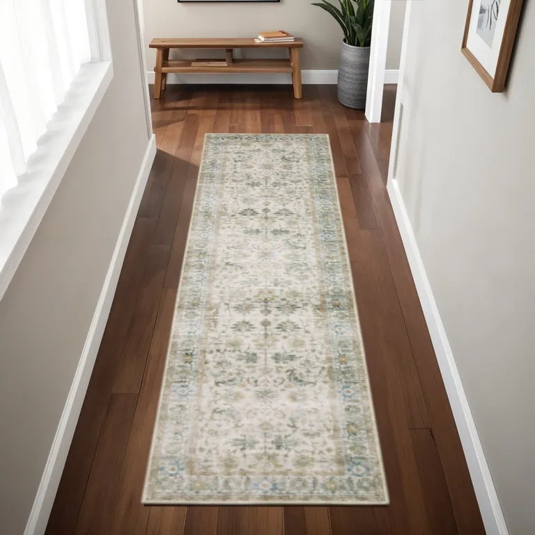 Grey Orange Blue Gold Green And Rust Oriental Printed Stain Resistant Non Skid Runner Rug Photo 2