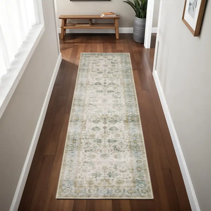 Grey Orange Blue Gold Green And Rust Oriental Printed Stain Resistant Non Skid Runner Rug Photo 1