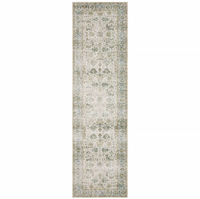 Grey Orange Blue Gold Green And Rust Oriental Printed Stain Resistant Non Skid Runner Rug Photo 3