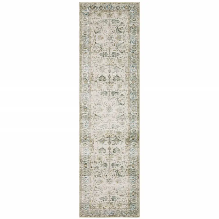 Grey Orange Blue Gold Green And Rust Oriental Printed Stain Resistant Non Skid Runner Rug Photo 2