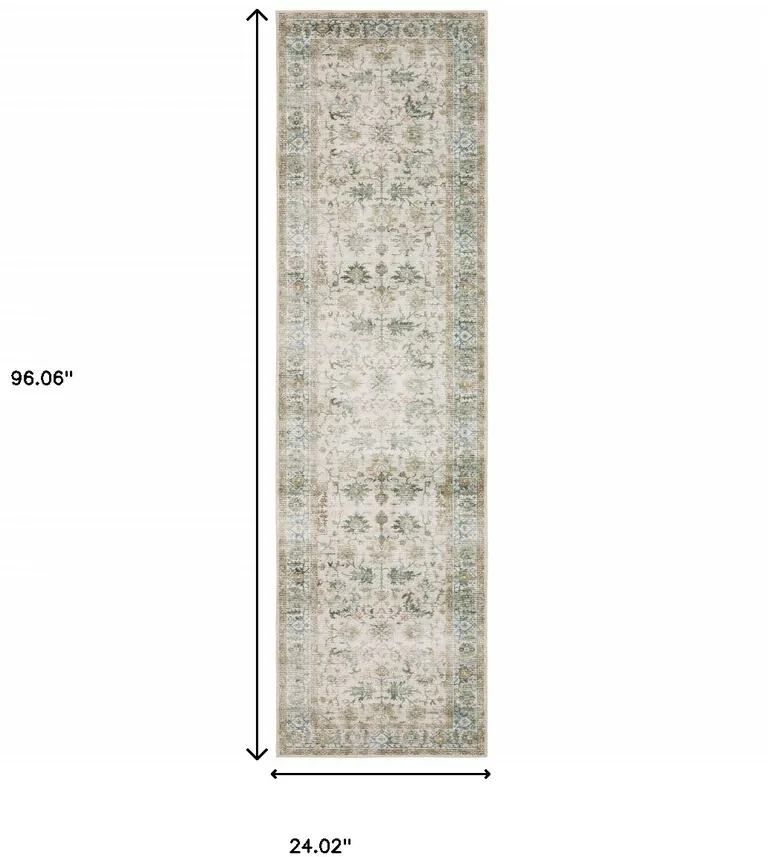 Grey Orange Blue Gold Green And Rust Oriental Printed Stain Resistant Non Skid Runner Rug Photo 1