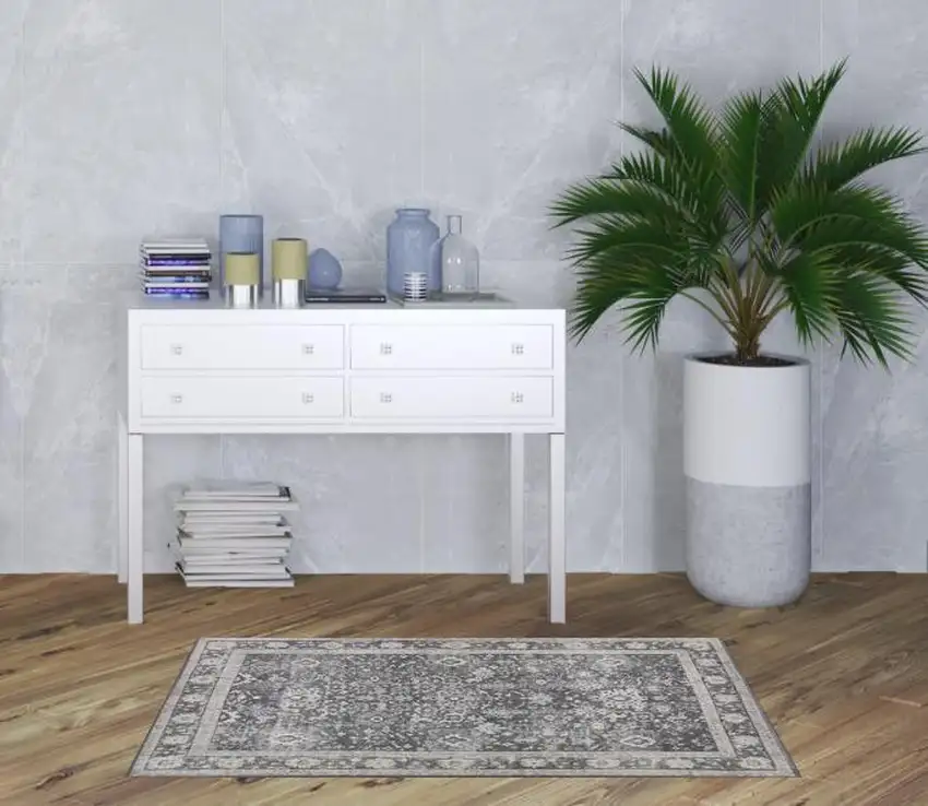 Grey Oriental Distressed Non Skid Area Rug Photo 2