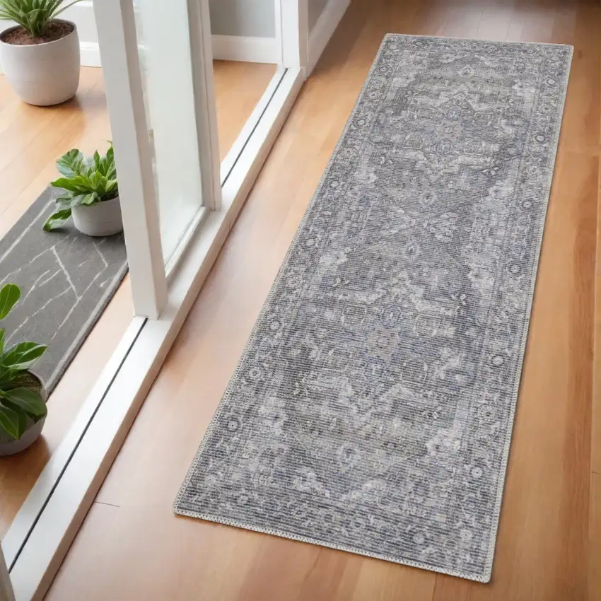 6' Gray And Blue Oriental Distressed Washable Runner Rug Photo 1