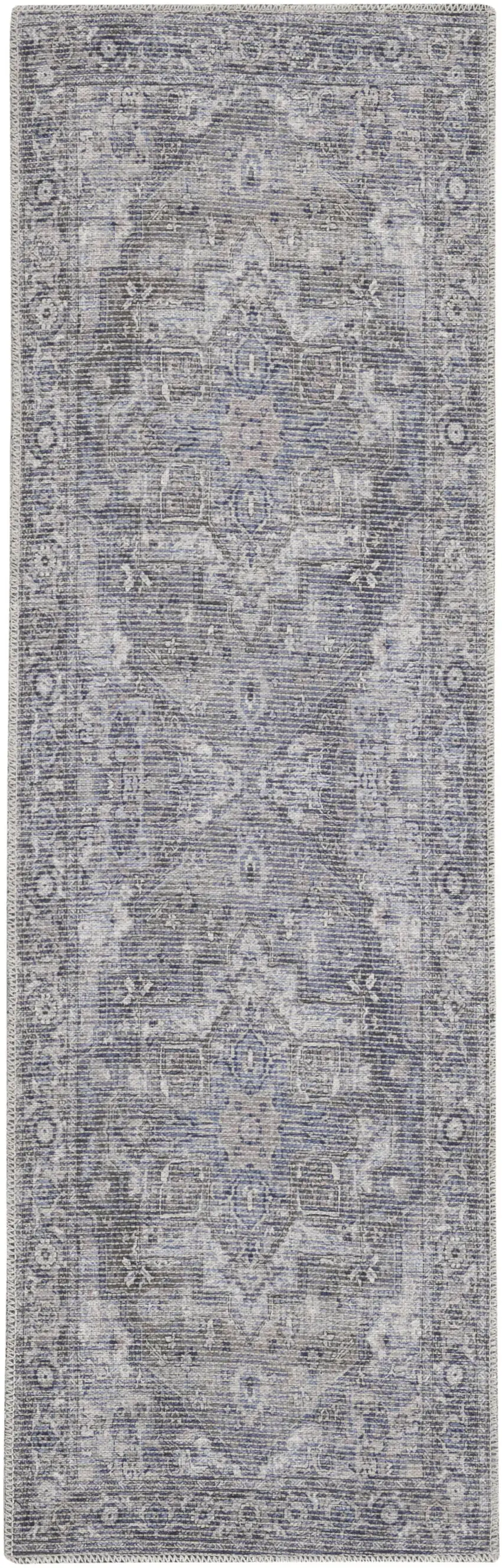 6' Gray And Blue Oriental Distressed Washable Runner Rug Photo 9