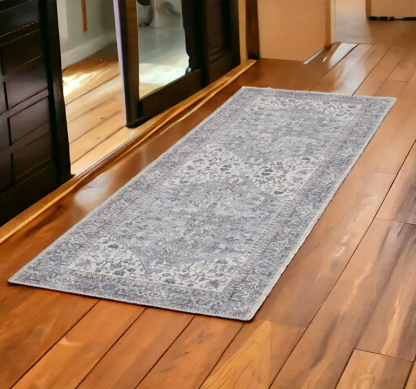 2' X 6' Grey Oriental Power Loom Distressed Washable Runner Rug Photo 2