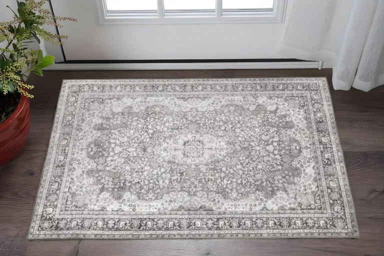 Grey Oriental Power Loom Stain Resistant Area Rug Photo 2
