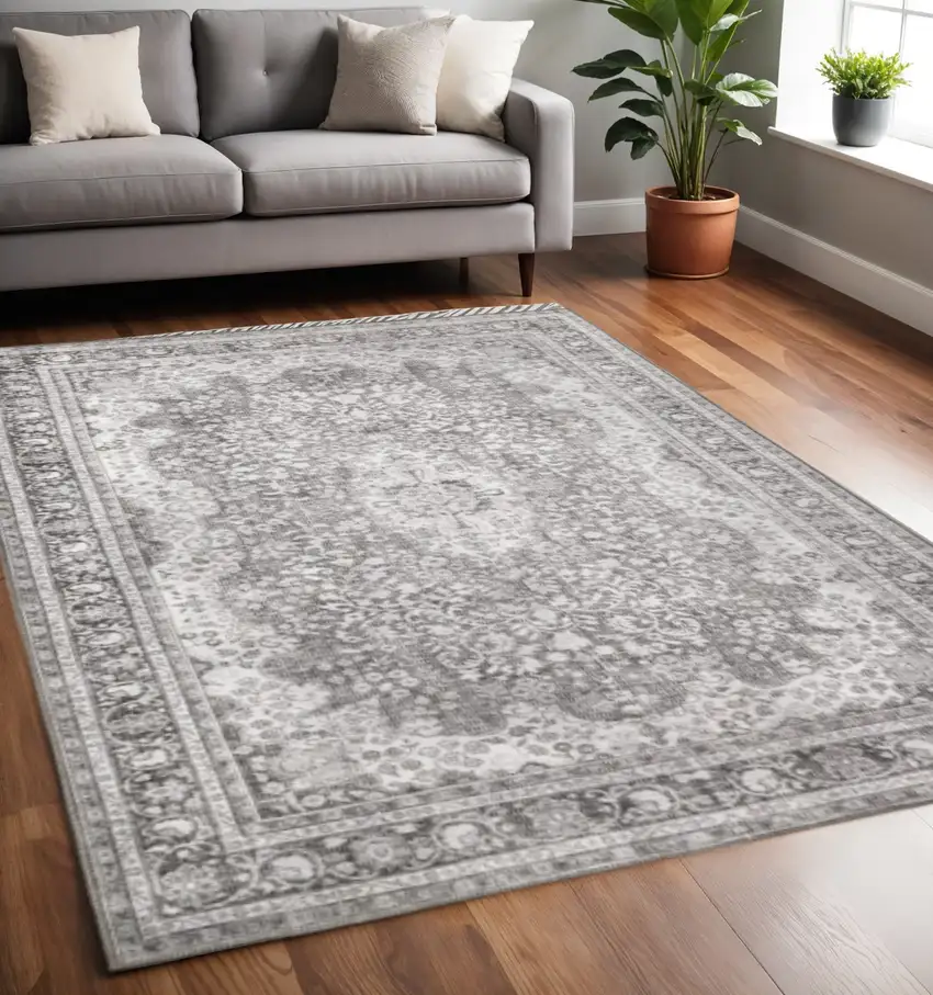 Grey Oriental Power Loom Stain Resistant Area Rug Photo 1