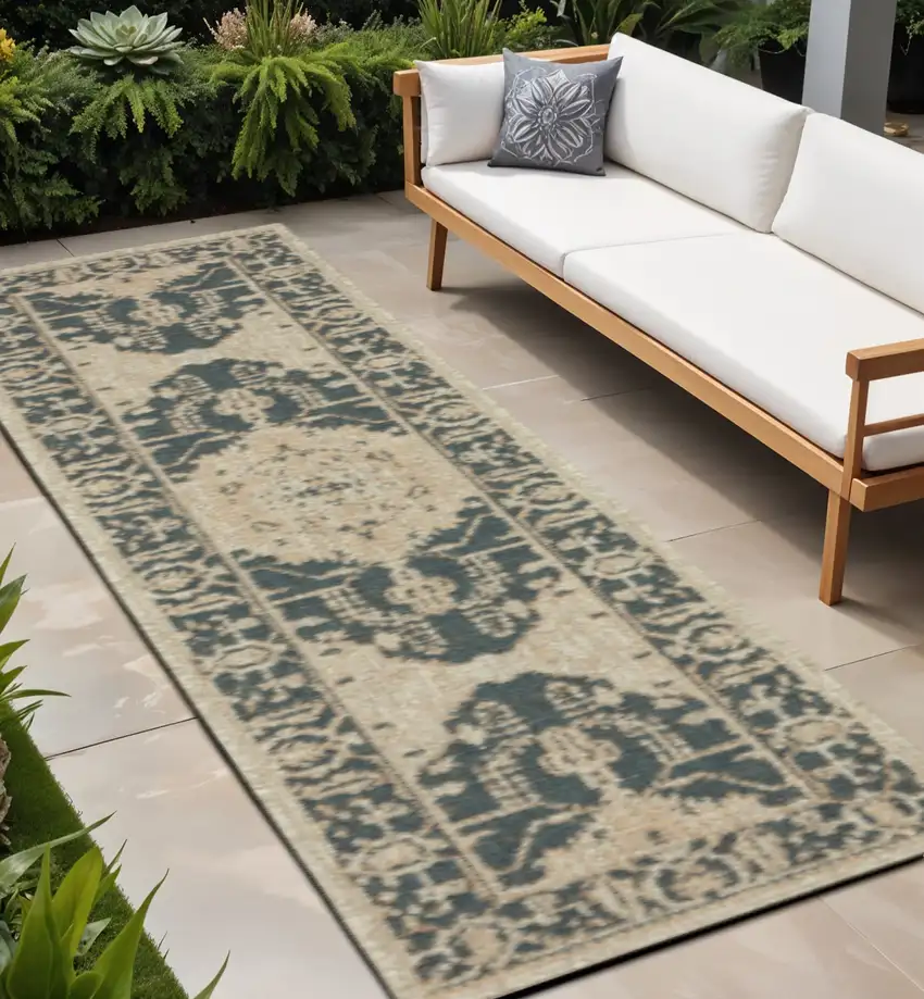 Gray Oriental Stain Resistant Indoor Outdoor Area Rug Photo 1
