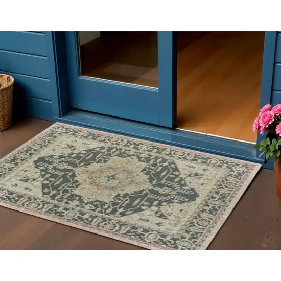 Gray Oriental Stain Resistant Indoor Outdoor Area Rug Photo 1