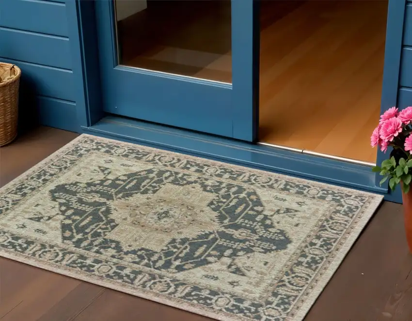 Gray Oriental Stain Resistant Indoor Outdoor Area Rug Photo 1