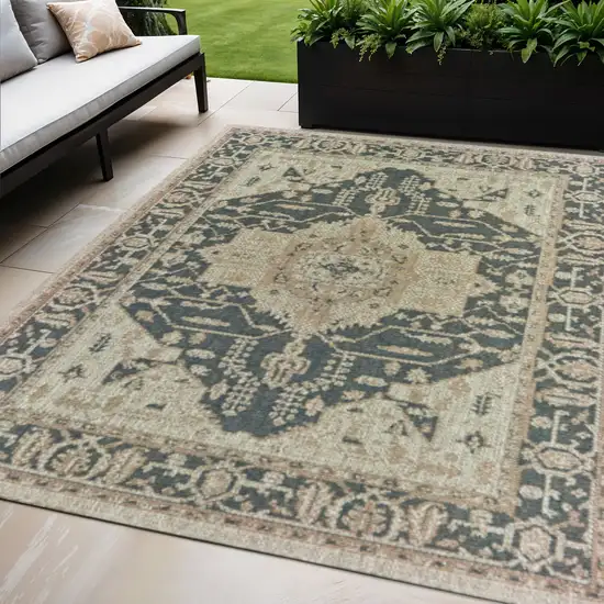 Gray Oriental Stain Resistant Indoor Outdoor Area Rug Photo 1