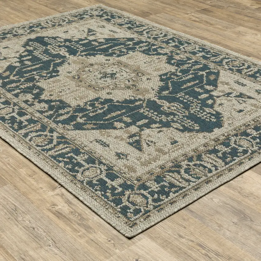 Grey Oriental Stain Resistant Indoor Outdoor Area Rug Photo 6