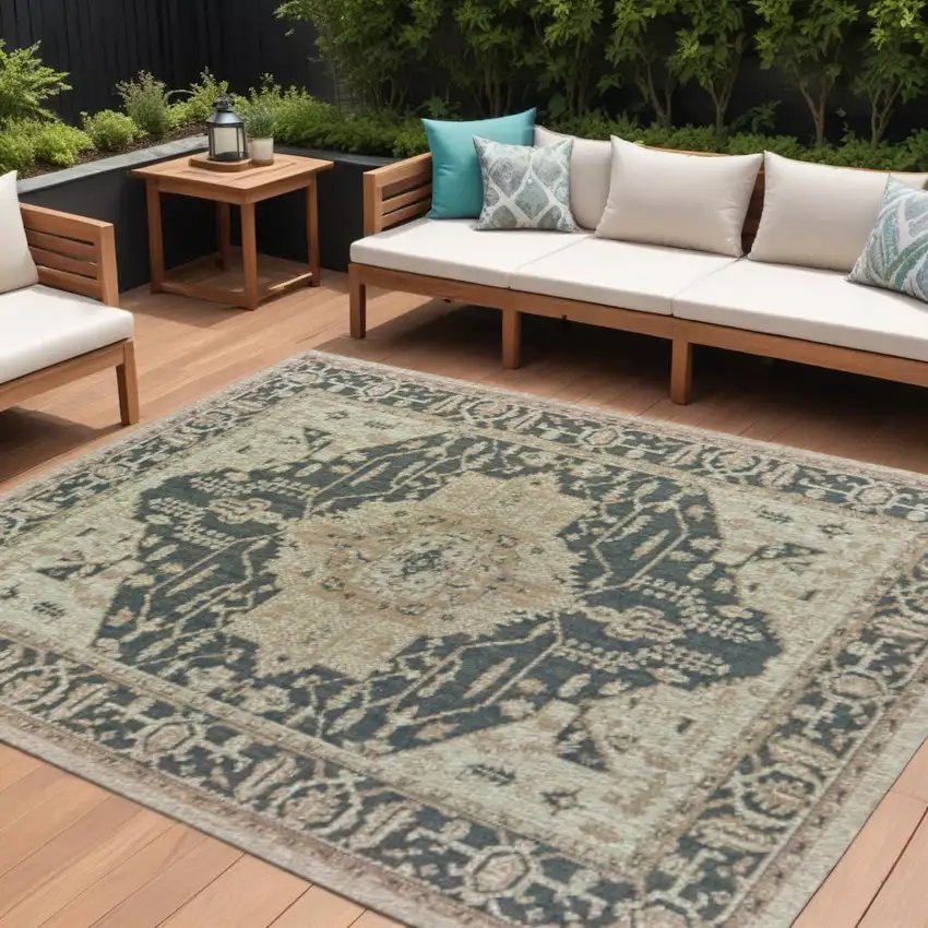 Gray Oriental Stain Resistant Indoor Outdoor Area Rug Photo 1