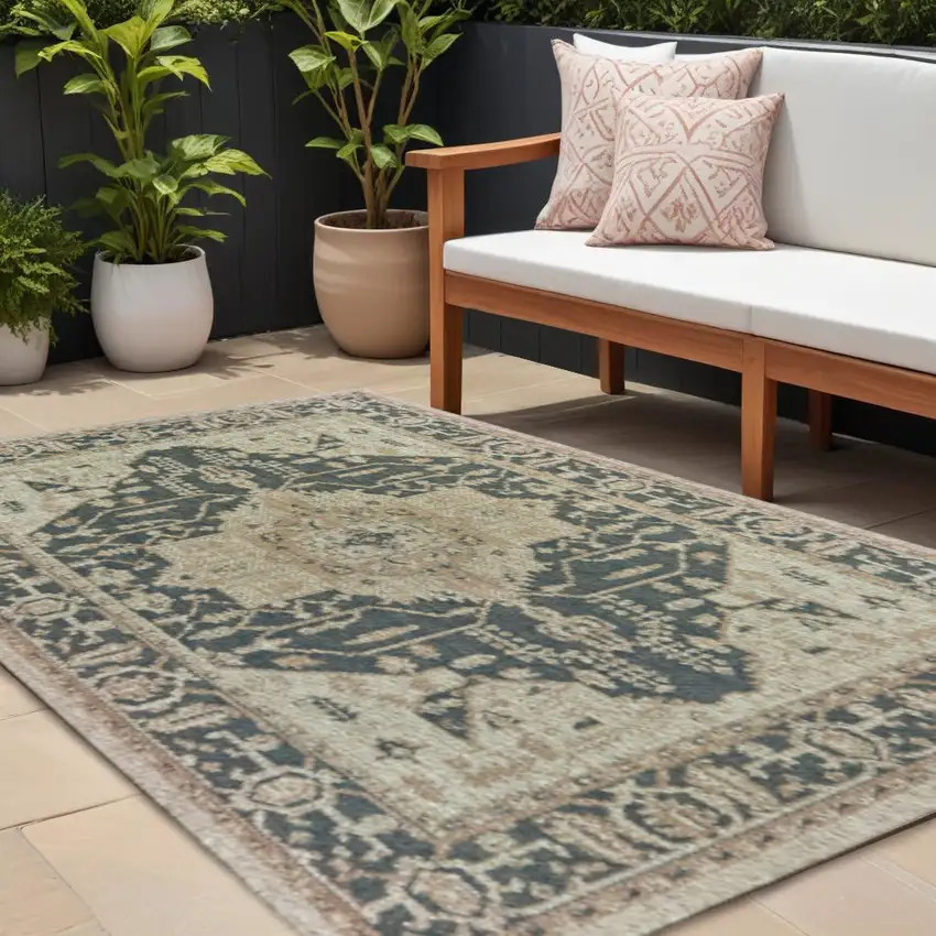 Gray Oriental Stain Resistant Indoor Outdoor Area Rug Photo 1