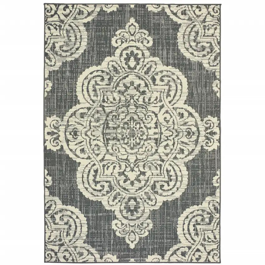 Grey Oriental Stain Resistant Indoor Outdoor Area Rug Photo 1