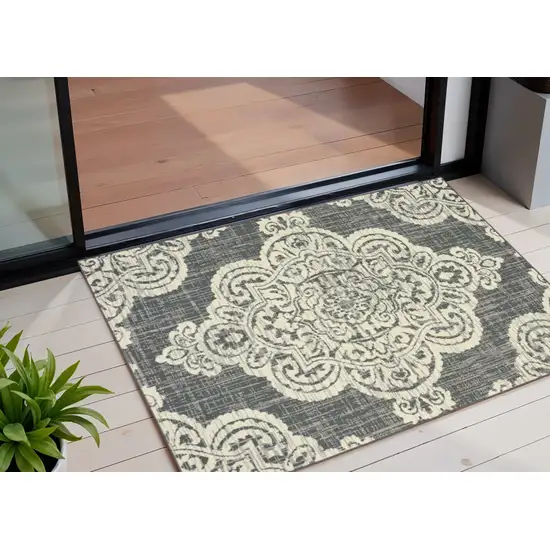 Gray and Ivory Oriental Stain Resistant Indoor Outdoor Area Rug Photo 1