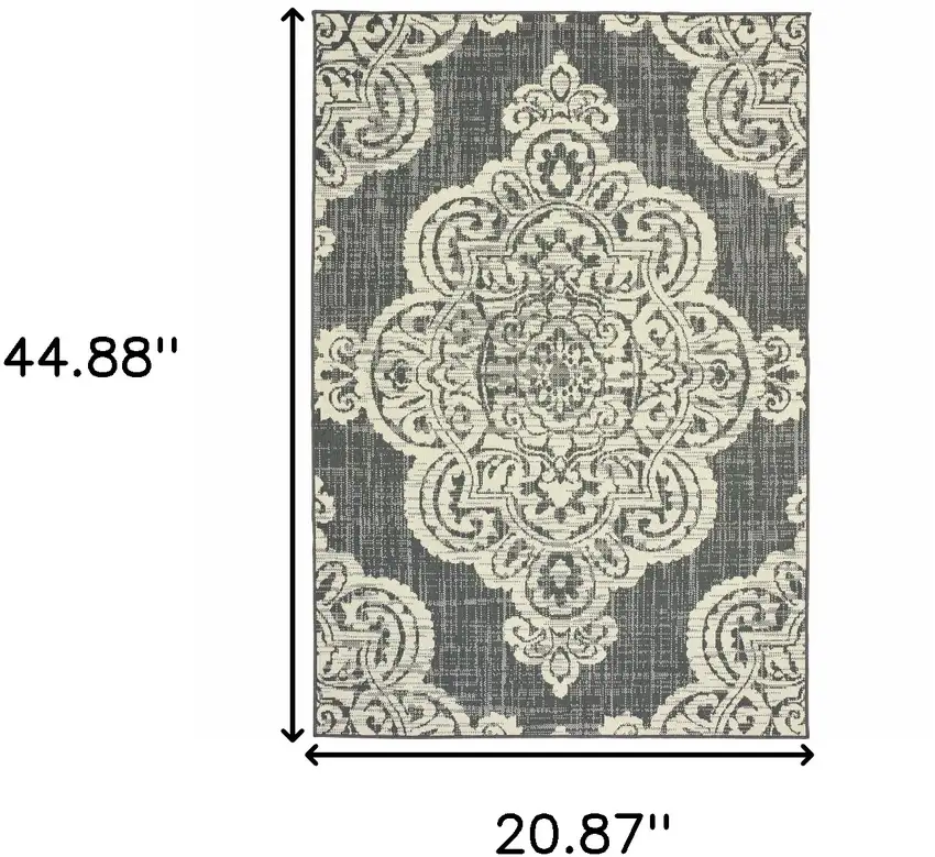 Grey Oriental Stain Resistant Indoor Outdoor Area Rug Photo 6