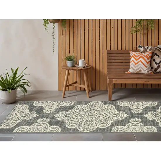 Gray and Ivory Oriental Stain Resistant Indoor Outdoor Area Rug Photo 1