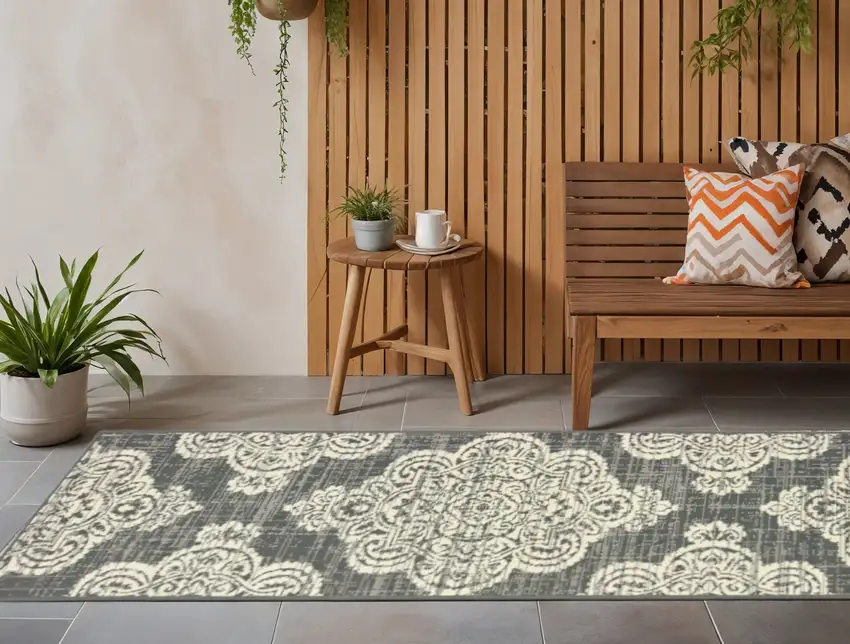 Gray and Ivory Oriental Stain Resistant Indoor Outdoor Area Rug Photo 1