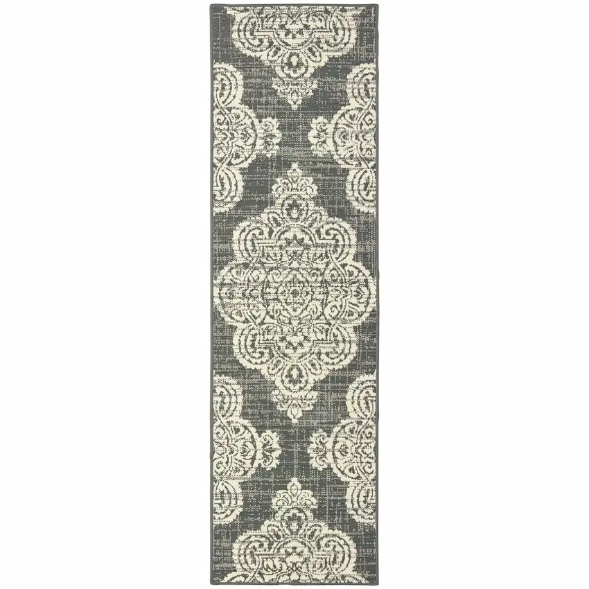 Grey Oriental Stain Resistant Indoor Outdoor Area Rug Photo 1
