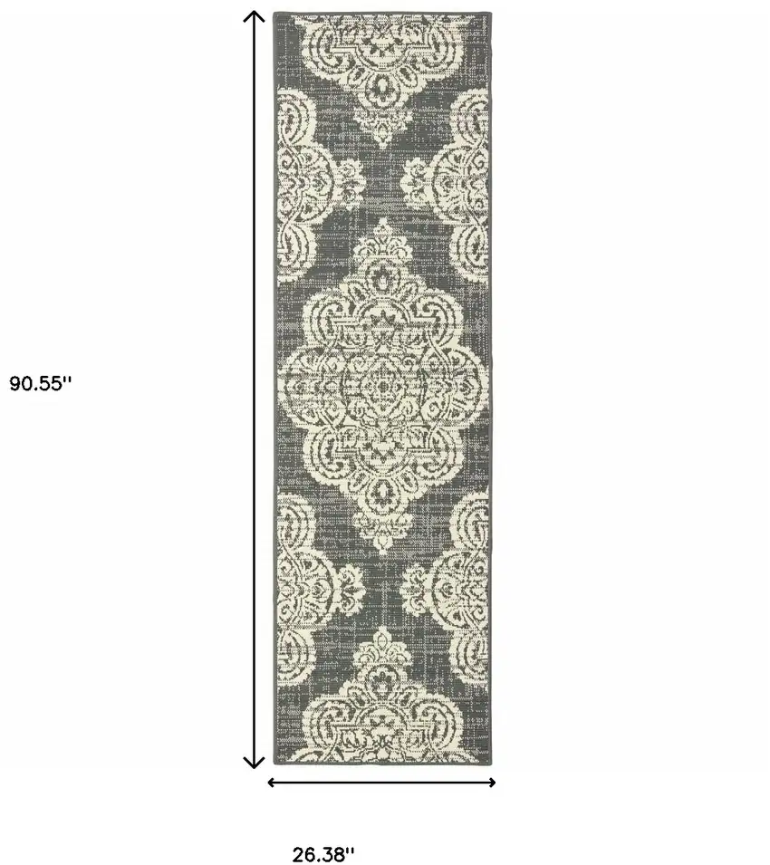 Grey Oriental Stain Resistant Indoor Outdoor Area Rug Photo 5