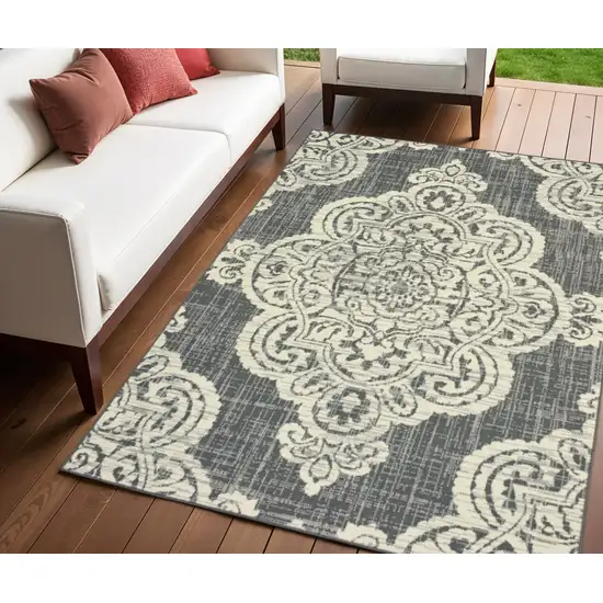 Gray and Ivory Oriental Stain Resistant Indoor Outdoor Area Rug Photo 1