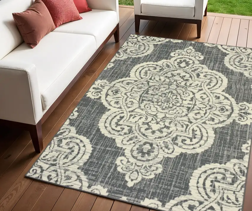 Gray and Ivory Oriental Stain Resistant Indoor Outdoor Area Rug Photo 1