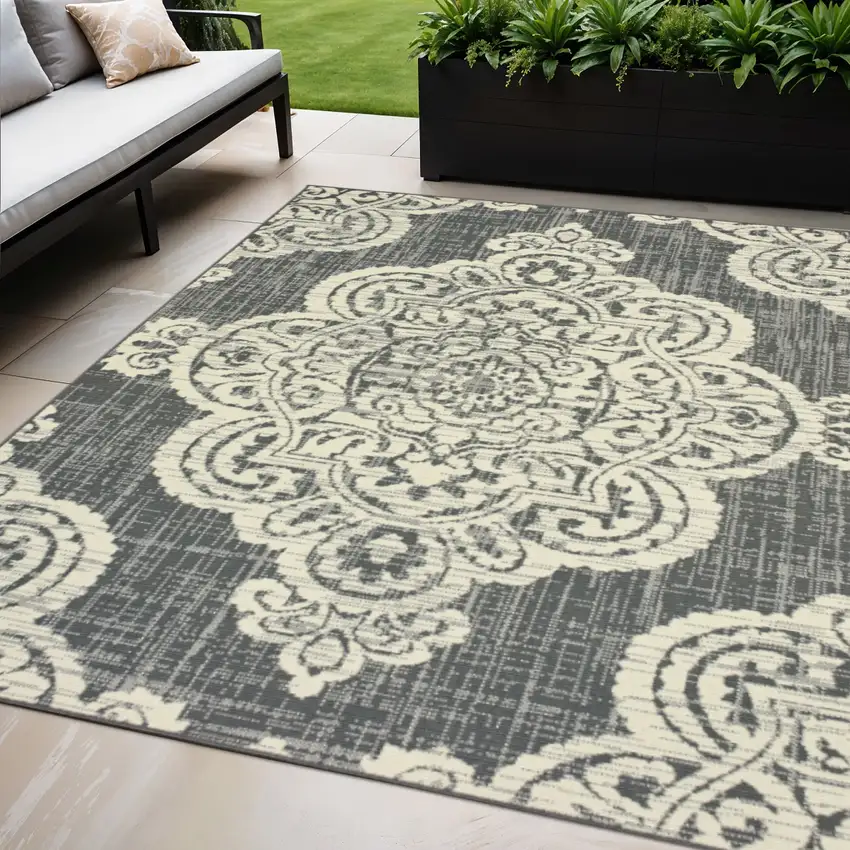 Gray and Ivory Oriental Stain Resistant Indoor Outdoor Area Rug Photo 1