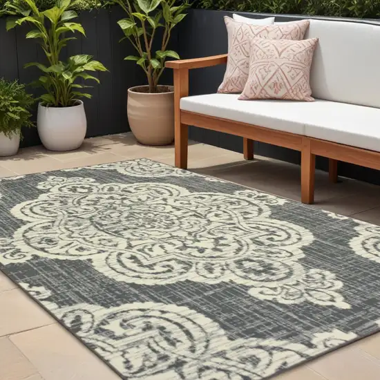 Gray and Ivory Oriental Stain Resistant Indoor Outdoor Area Rug Photo 1