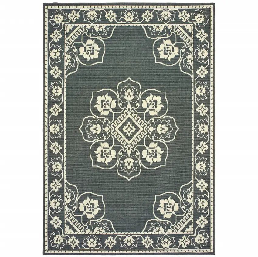 Grey Oriental Stain Resistant Indoor Outdoor Area Rug Photo 1