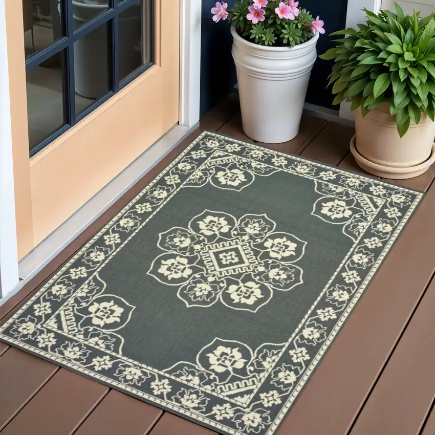 Gray and Ivory Oriental Stain Resistant Indoor Outdoor Area Rug Photo 1