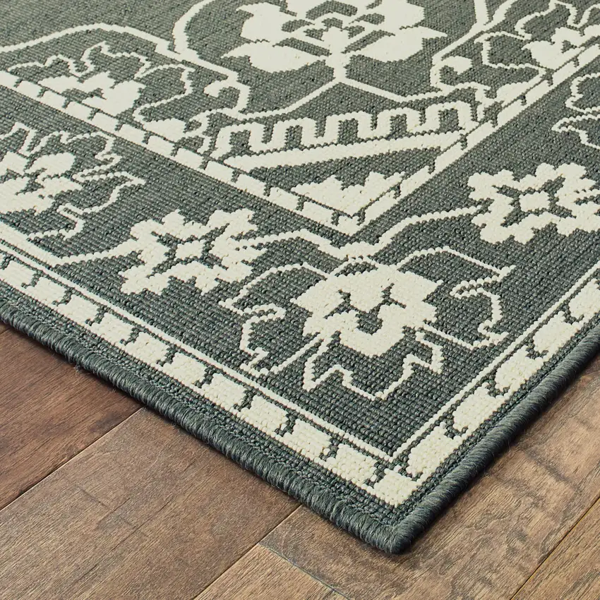 Grey Oriental Stain Resistant Indoor Outdoor Area Rug Photo 3