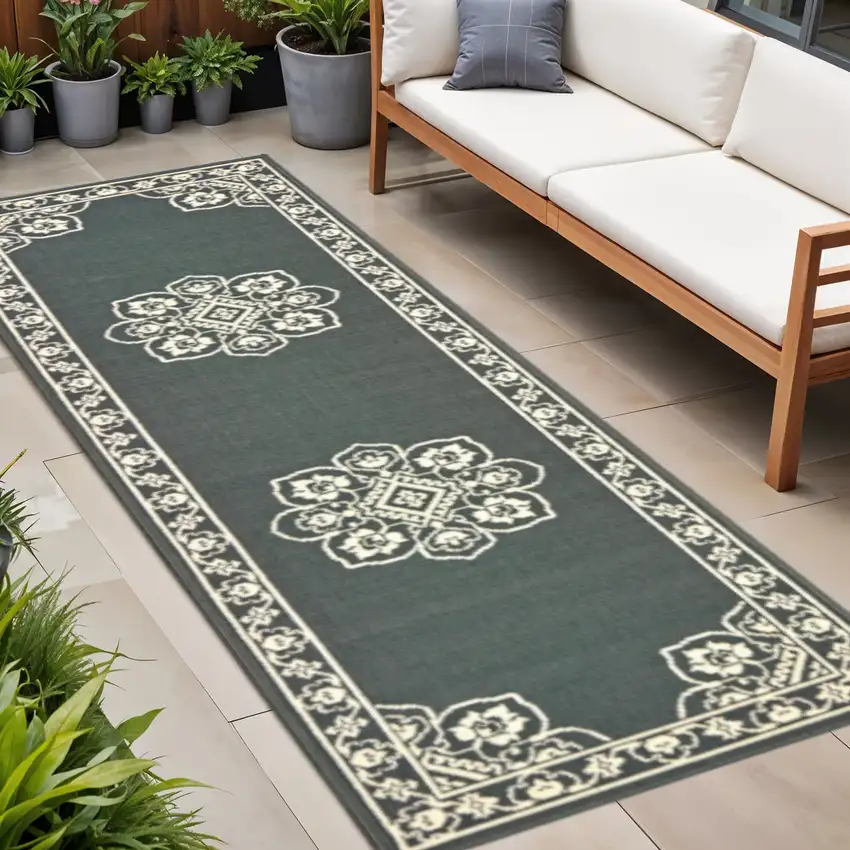 Gray and Ivory Oriental Stain Resistant Indoor Outdoor Area Rug Photo 1