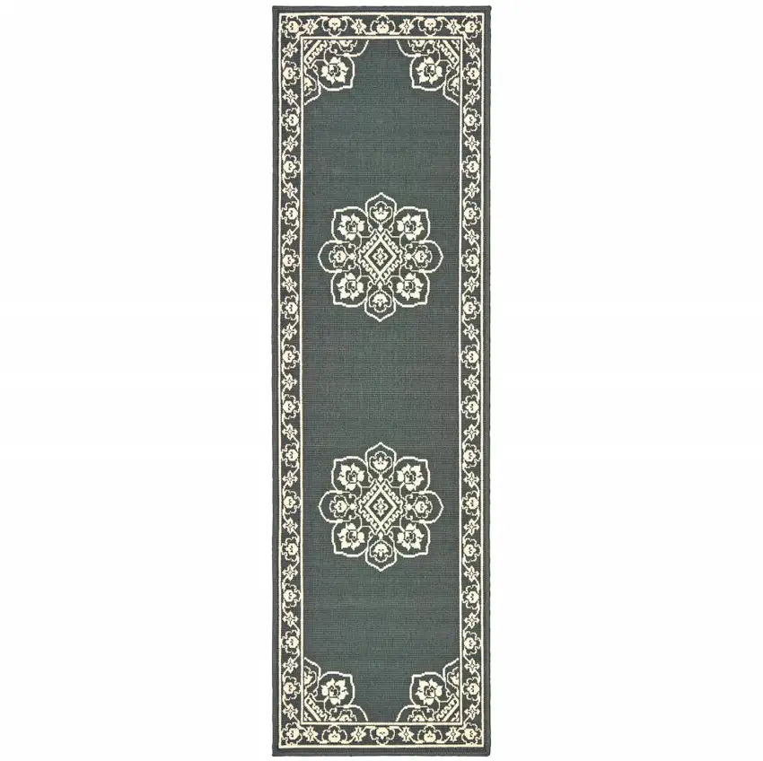 Grey Oriental Stain Resistant Indoor Outdoor Area Rug Photo 1