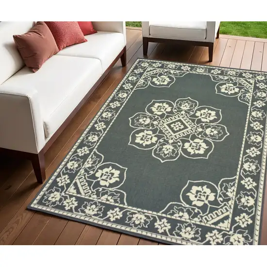 Gray and Ivory Oriental Stain Resistant Indoor Outdoor Area Rug Photo 1
