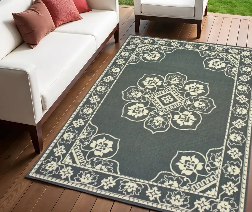 Gray and Ivory Oriental Stain Resistant Indoor Outdoor Area Rug Photo 1