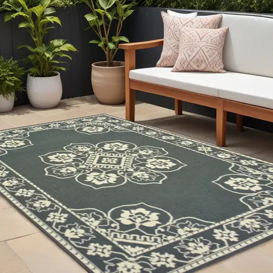 Gray and Ivory Oriental Stain Resistant Indoor Outdoor Area Rug Photo 1