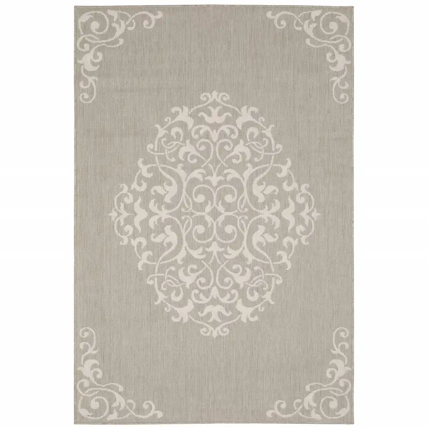 Grey Oriental Stain Resistant Indoor Outdoor Area Rug Photo 1