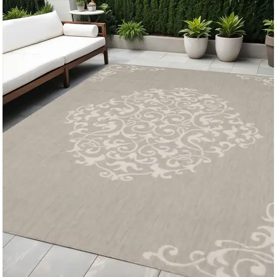 Gray and Ivory Oriental Stain Resistant Indoor Outdoor Area Rug Photo 1