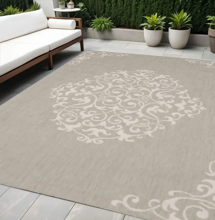 Gray and Ivory Oriental Stain Resistant Indoor Outdoor Area Rug Photo 1