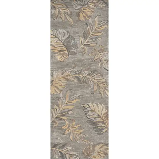 8' Gray And Taupe Wool Botanical Leaves Hand Tufted Runner Rug Photo 7
