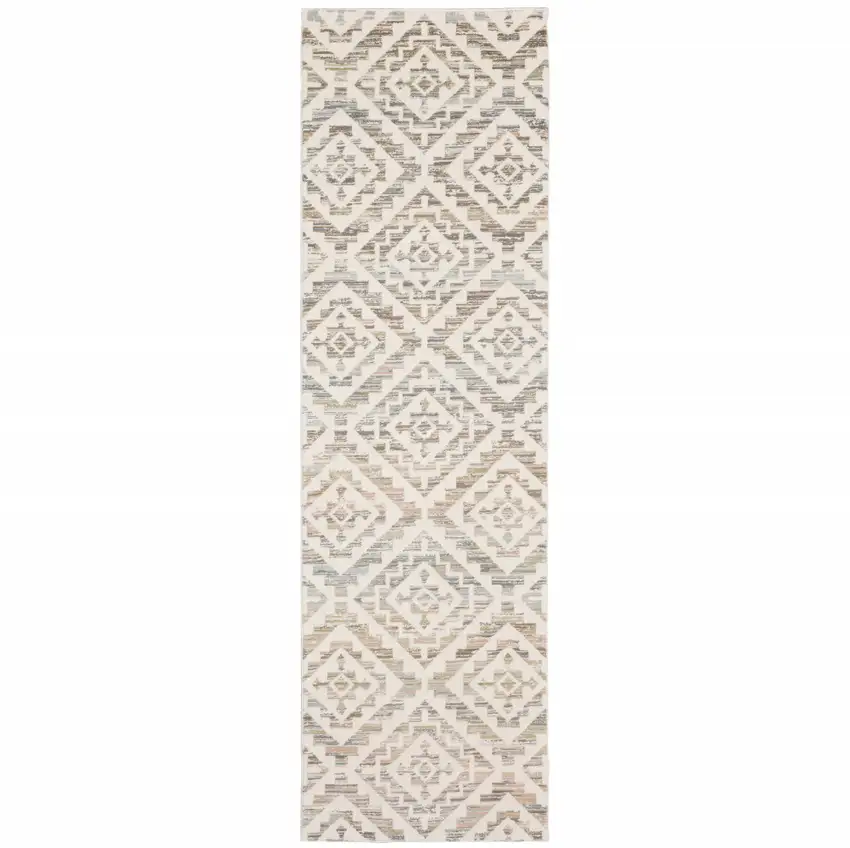 Grey Pink And Sage Geometric Power Loom Stain Resistant Runner Rug Photo 1