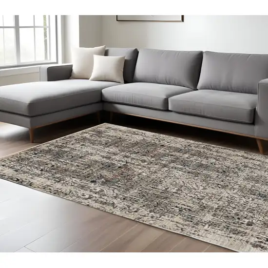 Gray And Tan Oriental Area Rug With Fringe Photo 2