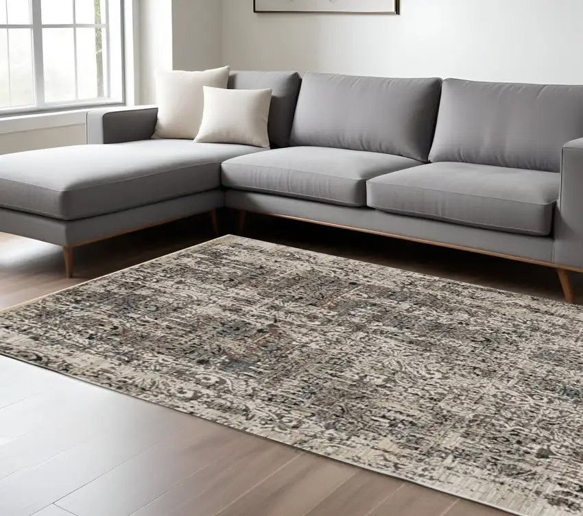 Gray And Tan Oriental Area Rug With Fringe Photo 2